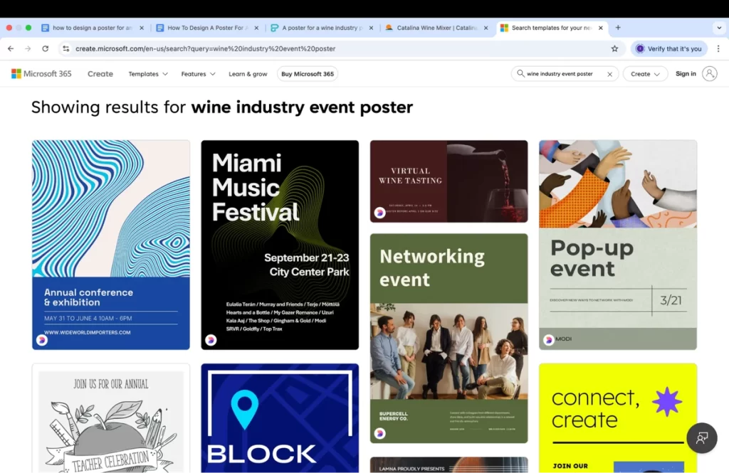 a screenshot of the microsoft 365 website showing search results for wine industry event poster, various poster templates are displayed including ones for a miami music festival, a virtual wine tasting, and a networking event, the search bar at the top shows the query wine industry event poster