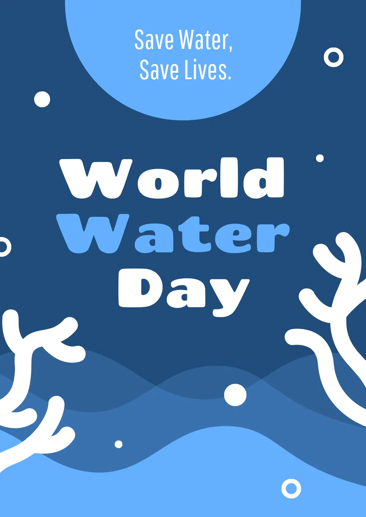 a poster for world water day on june 16 2026 with the words save water save lives in a light blue circle above stylized blue waves