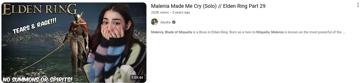 a youtube thumbnail featuring a crying woman next to a character from elden ring, with text "elden ring tears & rage" and "no summons or spirits", and the video title "malenia made me cry (solo) // elden ring part 29".