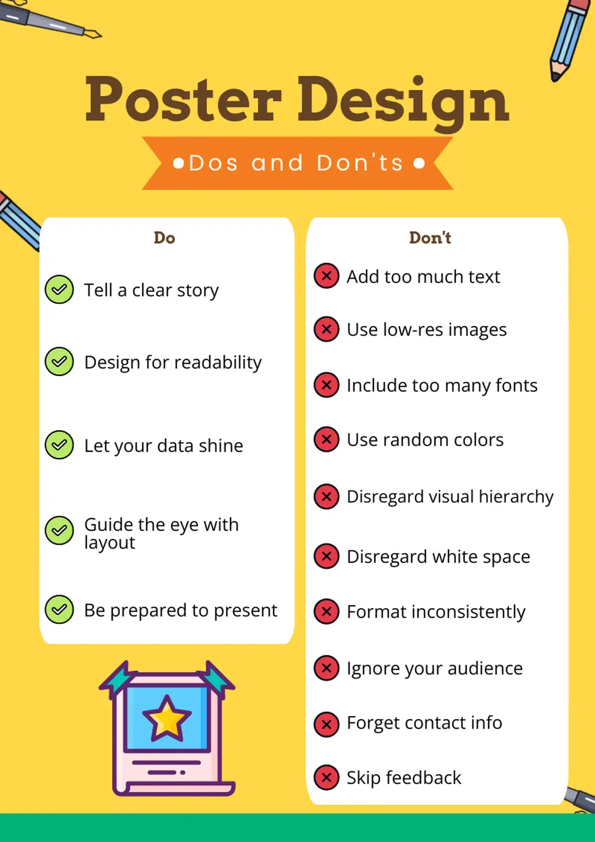 an infographic titled "poster design dos and don'ts", presented on a yellow background with illustrations of pencils, listing "do" items like "tell a clear story" and "design for readability" with green checkmarks, and "don't" items like "add too much text" and "use low-res images" with red x marks, at the bottom is an icon of a poster with a star