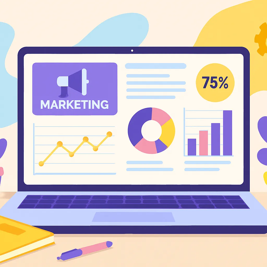 image of a cartoon laptop with marketing charts and statistics, purple laptop palette and blue and yellow background