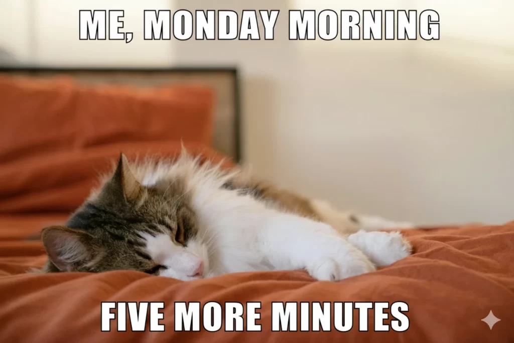 a meme showing a sleepy norwegian forest cat lying on an orange bed with the text, me monday morning, at the top and, five more minutes, at the bottom