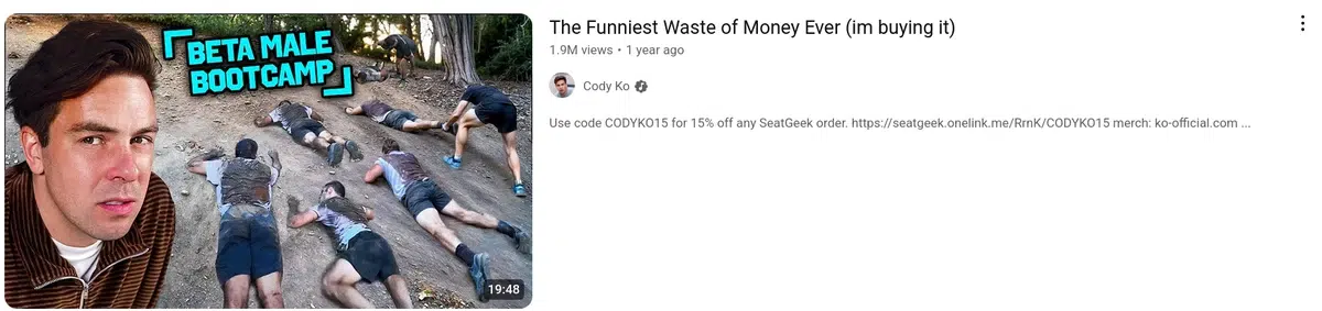 a youtube thumbnail showing a man looking confused in the foreground, with several other men crawling on a dirt path in the background, and text "beta male bootcamp", with the video title "the funniest waste of money ever (im buying it)".