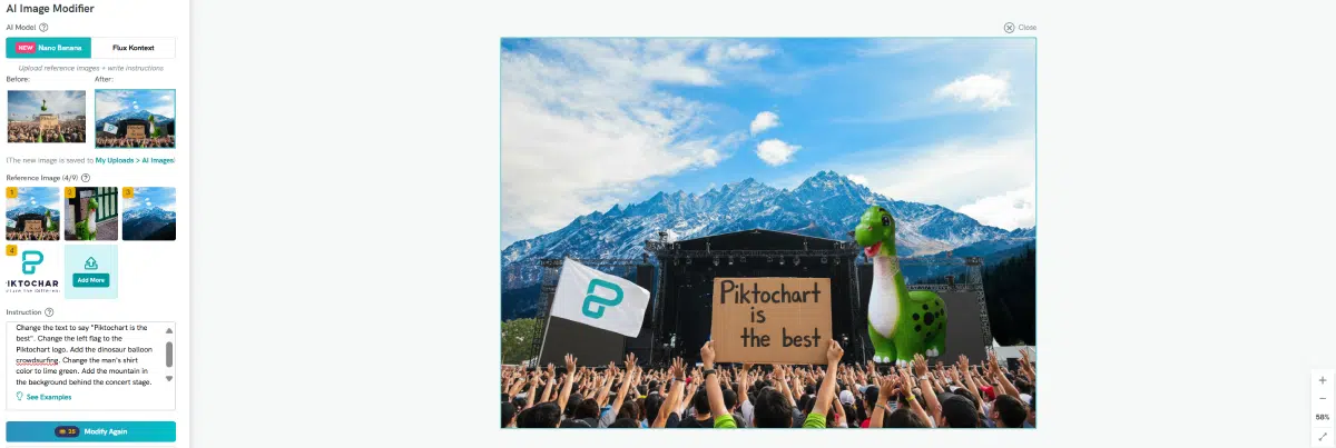 screenshot of nano banana in pikto ai image modifier