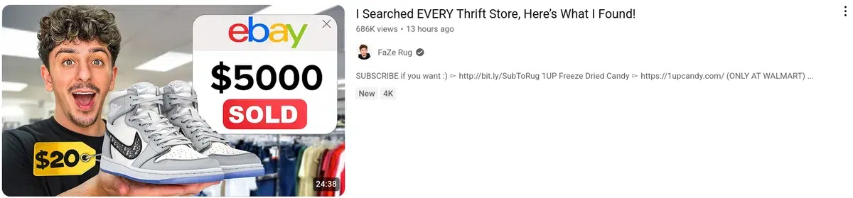 a youtube thumbnail featuring a man with a surprised expression holding up a pair of sneakers, with an ebay pop-up showing "$5000 sold" and a "$20" tag, with the video title "i searched every thrift store, here's what i found".