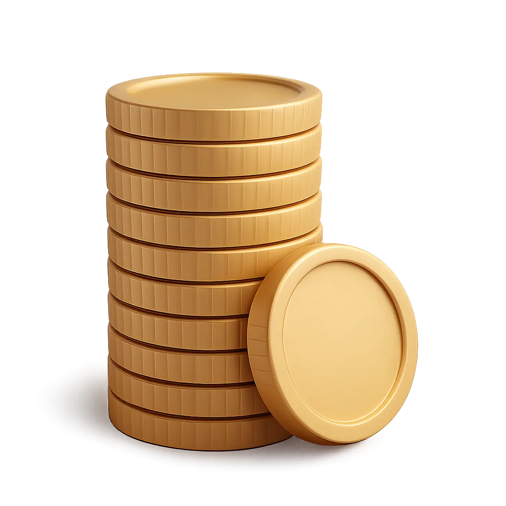 a 3d rendering of a neat stack of nine shiny, plain gold coins, with one coin leaning against the base on a reflective, dark background