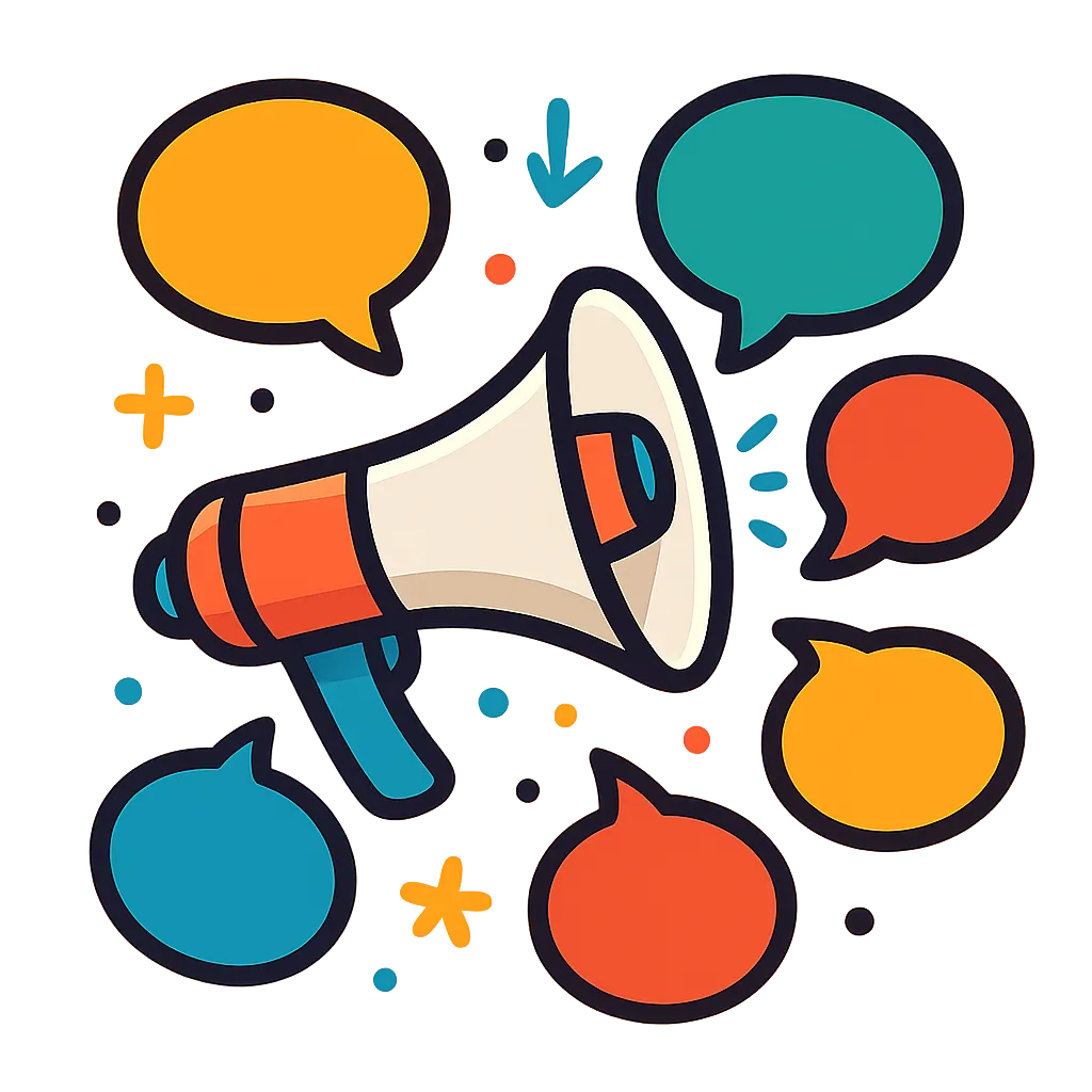 a stylized illustration of a white and orange megaphone surrounded by colorful speech bubbles in yellow, teal, and red, against a pixelated brown background