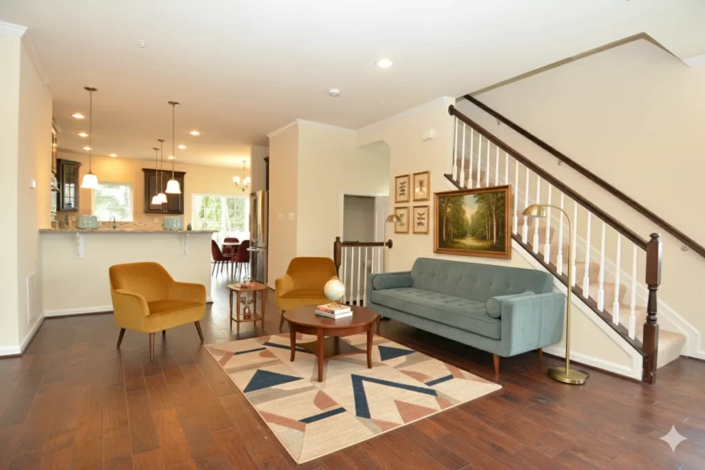 a furnished living room with dark wood floors, featuring a teal sofa, two mustard yellow armchairs, a round coffee table on a geometric rug, and a staircase in the background