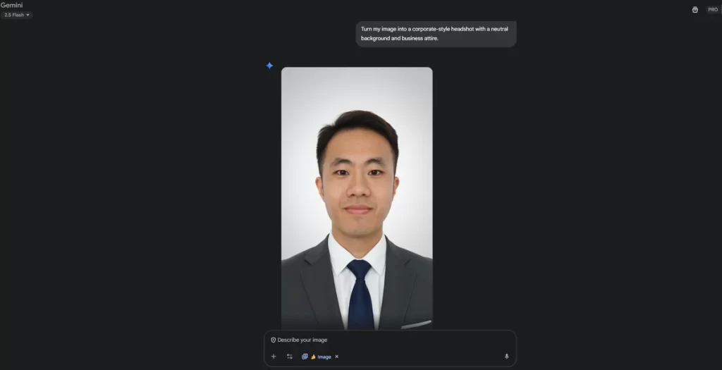 a screenshot of the google gemini ai chat interface in dark mode, showing an image of an asian man being transformed into a corporate headshot with the prompt, turn my image into a corporate-style headshot with a neutral background and business attire