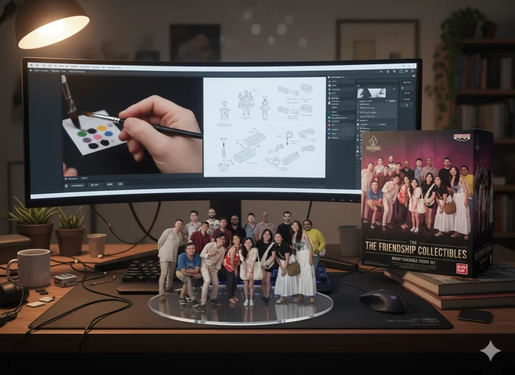 a detailed desk setup featuring a collectible 3d figurine of a group of people, in the background a large curved computer monitor shows a 3d modeling program, and to the right is the product box for the friendship collectibles
