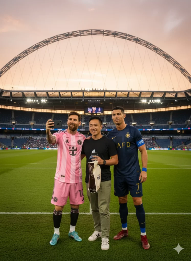 soccer stars lionel messi and cristiano ronaldo pose for a selfie with a fan on a soccer field in a large stadium at sunset, messi is in a pink inter miami cf jersey and ronaldo is in a blue al-nassr fc jersey