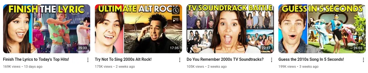 a row of four youtube thumbnails for music-related games, including "finish the lyric to today's top hits", "try not to sing 2000s alt rock", "do you remember tv soundtracks", and "guess the 2010s song in 5 seconds".