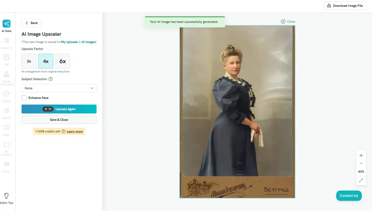 the ai image upscaler tool displaying a vintage portrait of a woman, with a green notification bar at the top that reads your ai image has been successfully generated