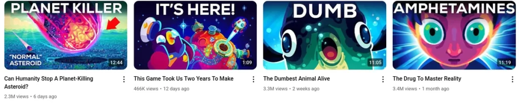 a row of four youtube thumbnails, including "can humanity stop a planet-killing asteroid", "this game took us two years to make", "the dumbest animal alive", and "the drug to master reality".
