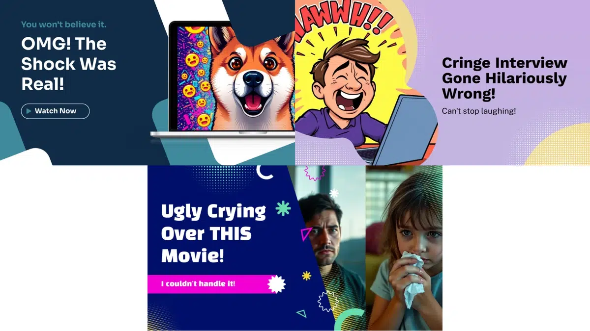 a collage of four clickbait banner ads, including "you won't believe it, omg, the shock was real", "annww, cringe interview gone hilariously wrong", and "ugly crying over this movie, i couldn't handle it".