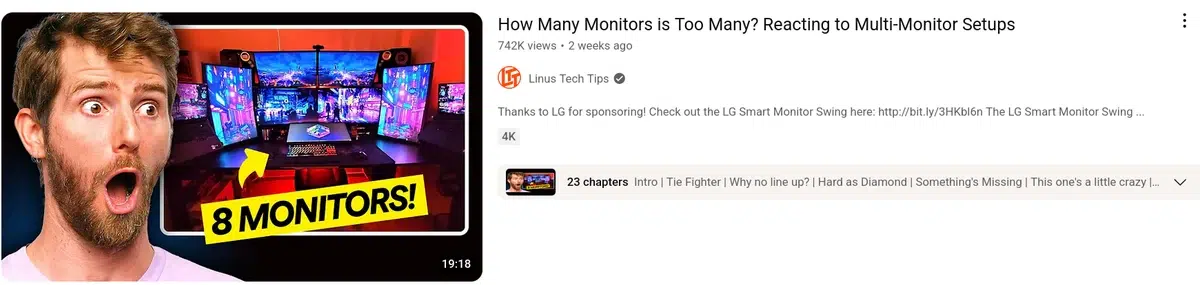 a youtube thumbnail featuring a man with a shocked expression in the foreground, with a desk setup featuring eight computer monitors in the background, and text "8 monitors", with the video title "how many monitors is too many, reacting to multi-monitor setups".