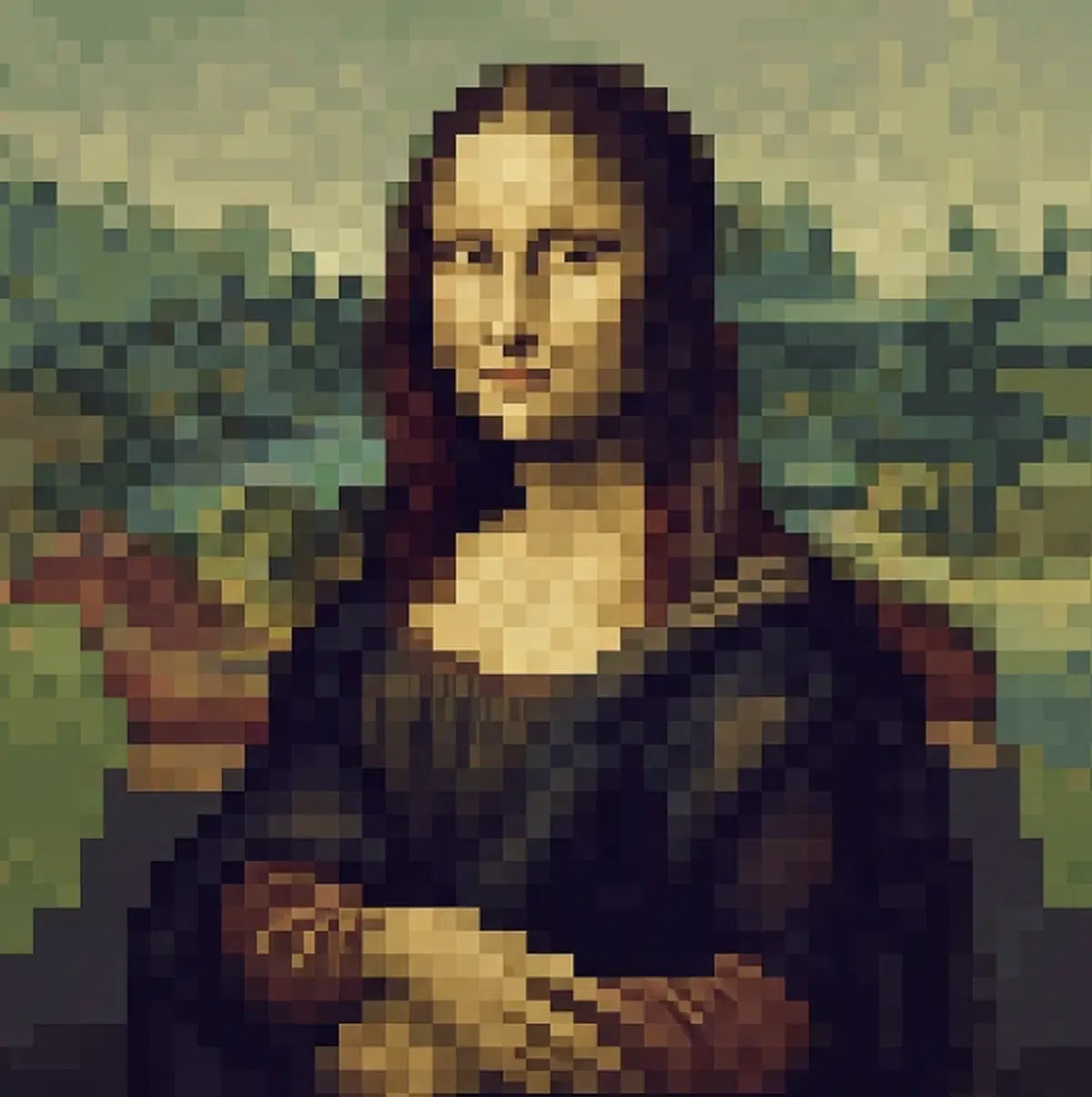 a low-resolution, pixel art rendition of leonardo da vincis mona lisa, with her enigmatic smile and classic pose visible in blocky squares of color, set against a simplified, pixelated landscape