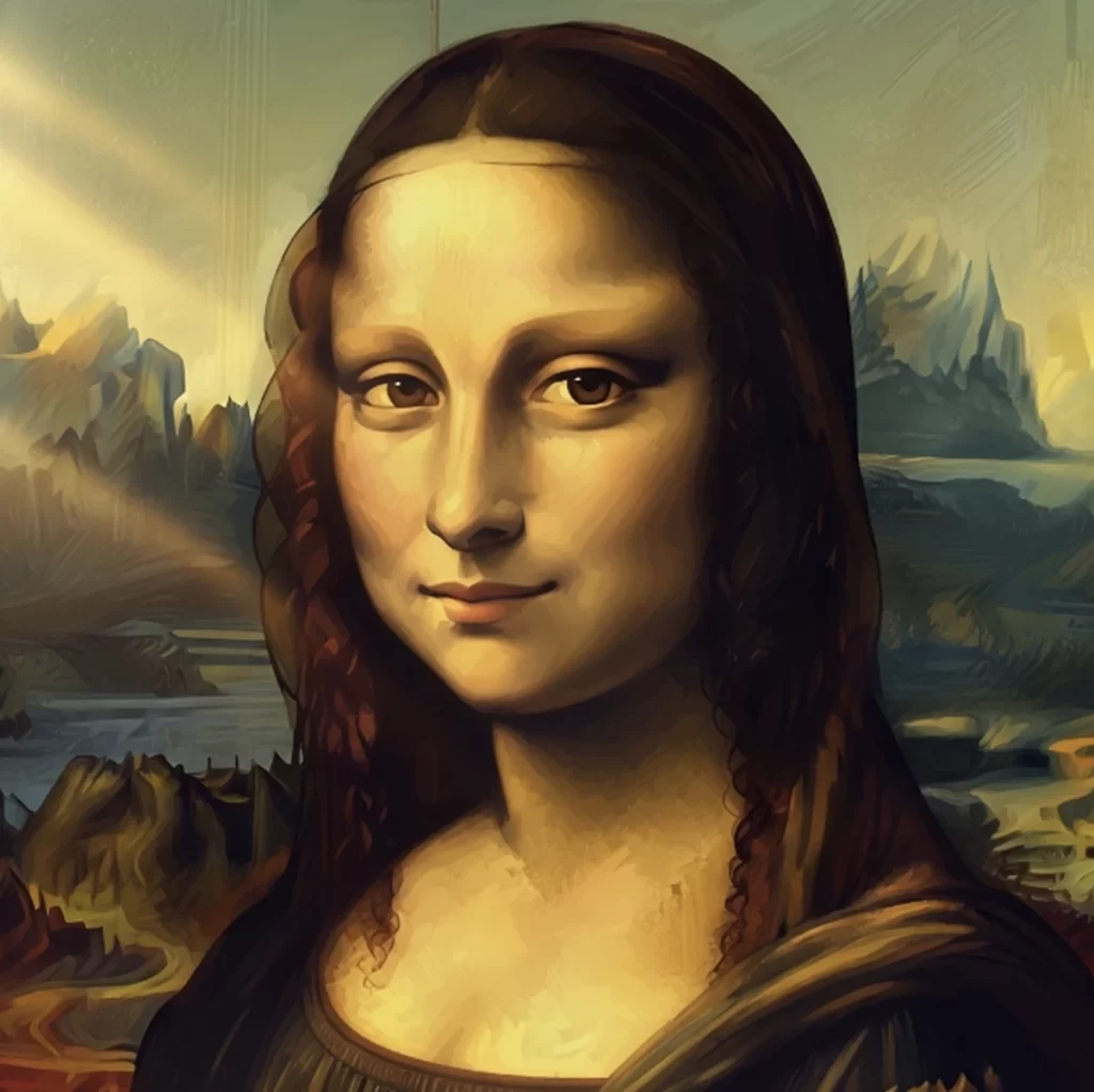 a stylized, painterly close-up of the mona lisas face, with warm, golden light illuminating her features, her expression is soft and serene, and the background is an abstracted, impressionistic landscape