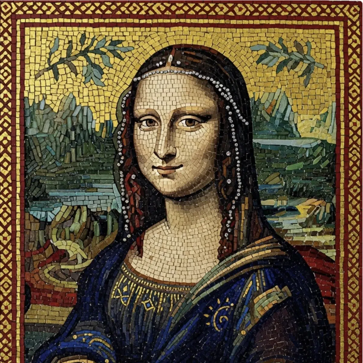 an intricate mosaic portrait of the mona lisa, crafted from tiny, shimmering gold, blue, and earth-toned tiles, her features and clothing are detailed with precision, framed by a decorative red and gold border in byzantine style
