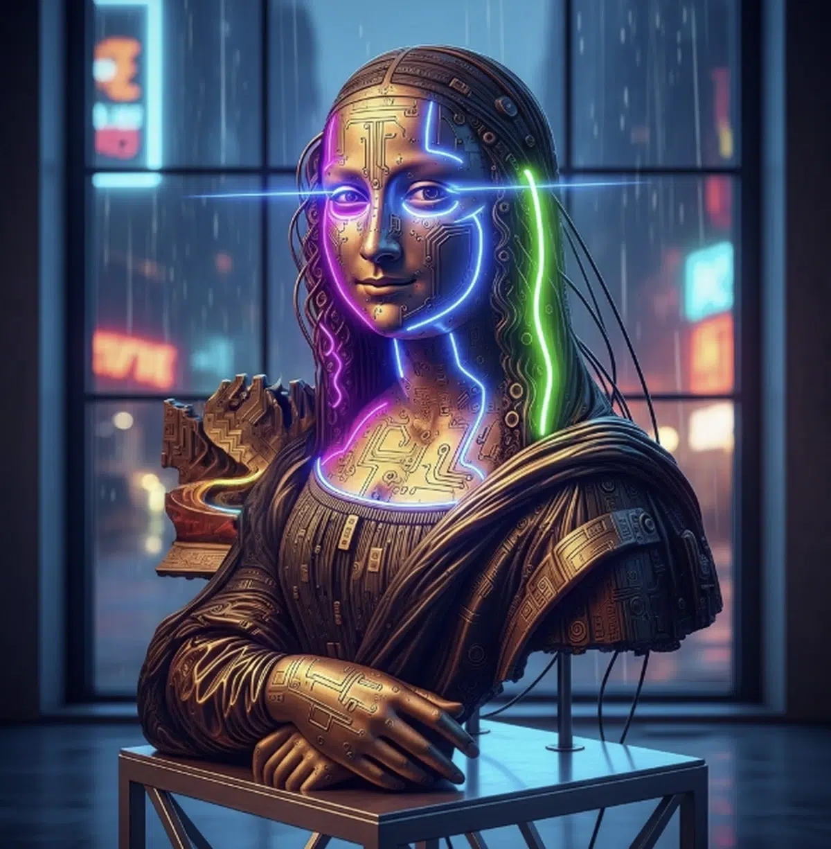 a metallic bust of the mona lisa with intricate, glowing neon circuits in blue, purple, and green etched across her face and chest, wires extend from her head, set against a rainy, futuristic city window view