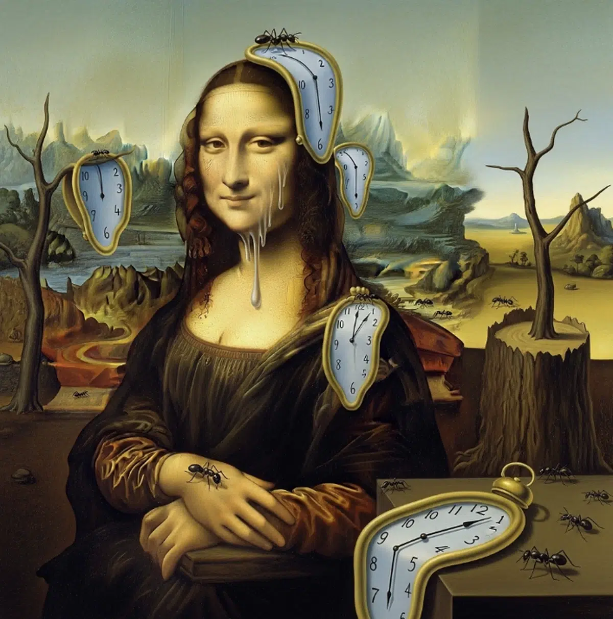a surrealist painting of the mona lisa in the style of salvador dalí, with melting clocks draped over her head and shoulders, ants crawl on her and the clocks, and a tear of white liquid drips from her eye in a desolate landscape in salvadore dali style