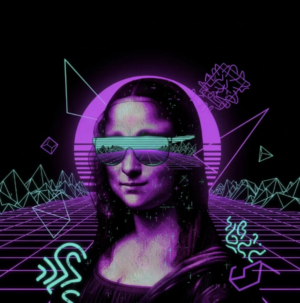 a vaporwave aesthetic mona lisa, tinted in purple and blue hues, wearing futuristic sunglasses that reflect a grid landscape, set against a black background with neon purple grids, a pink sun, and abstract geometric shapes