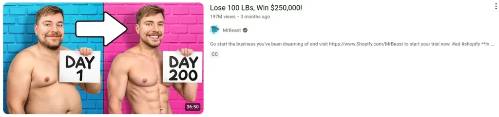a youtube thumbnail showing a man before and after weight loss, holding signs that say "day 1" and "day 200", with an arrow pointing from the heavier to the lighter version, and the video title "lose 100 lbs, win $250,000".