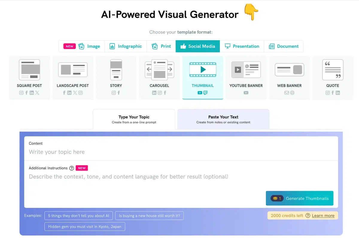 a user interface for an ai-powered visual generator, showing options to choose template formats like image, infographic, print, social media, presentation, and document, with a content input field and a generate thumbnails button.