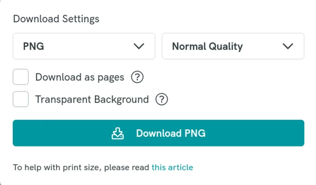 a user interface for download settings, showing options for png format, normal quality, download as pages, and transparent background, with a prominent download png button below.