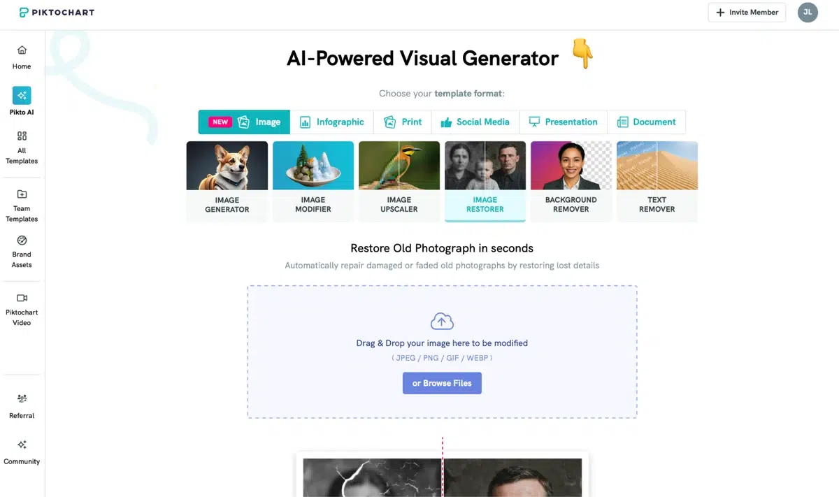 the piktochart ai-powered visual generator interface, highlighting various tools like image generator, image modifier, image upscaler, and image restorer