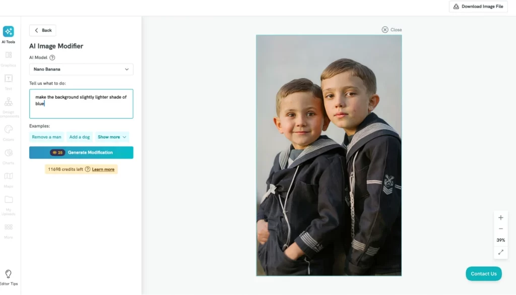 the user interface for an ai image modifier, showing a portrait of two young boys and a text box with the instruction to make the background slightly lighter shade of blue