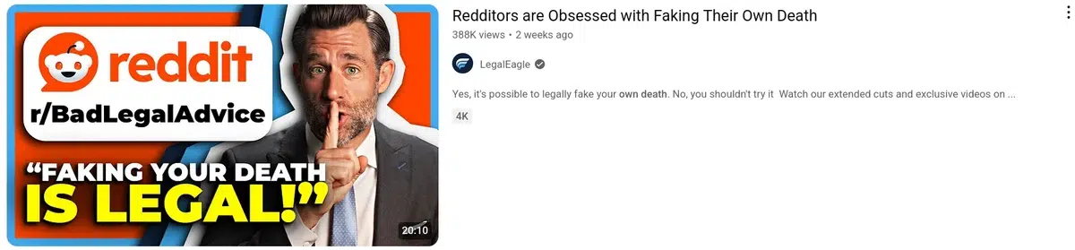 a youtube thumbnail featuring a man with a finger to his lips, next to a reddit logo and text that reads "faking your death is legal", with the video title "redditors are obsessed with faking their own death"