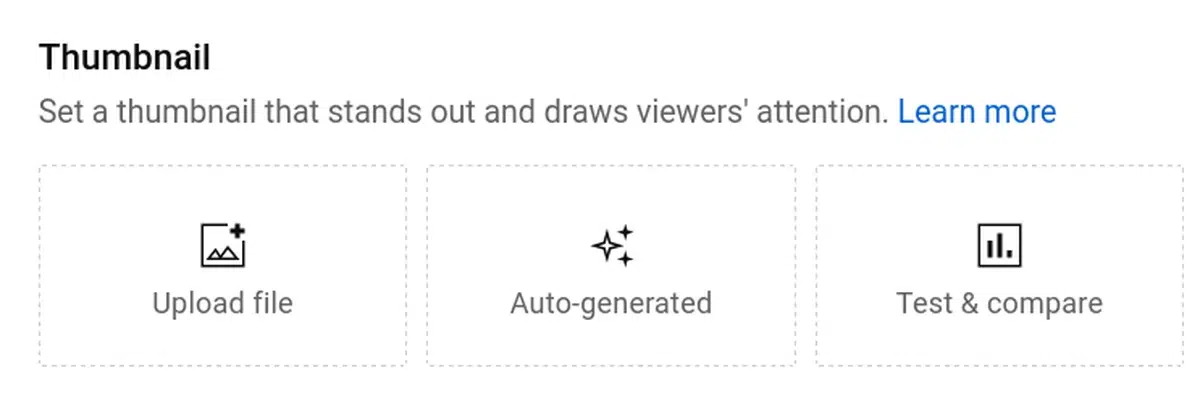 a user interface showing three options for thumbnails, upload file, auto-generated, and test & compare, each with an icon in youtube studio