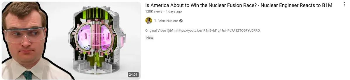 a youtube thumbnail showing a man in safety glasses looking to the side, next to a diagram of a nuclear fusion reactor glowing pink, with the video title "is america about to win the nuclear fusion race, nuclear engineer reacts to b1m"