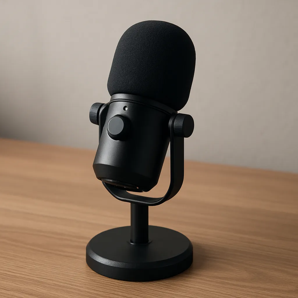 a sleek matte black condenser microphone with a foam windscreen, mounted on a matching black stand with a circular base, sitting on a light wood surface