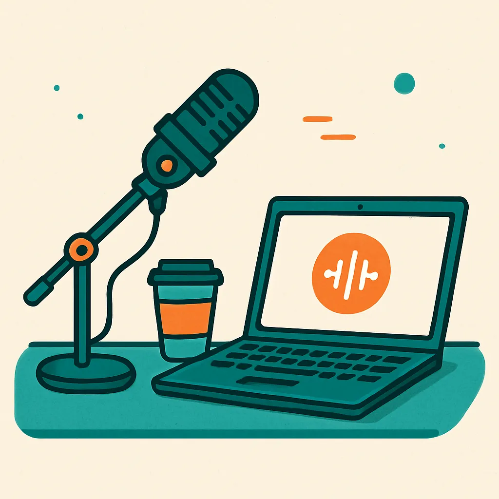 a stylized illustration of a podcasting setup, featuring a green microphone on a boom arm, a laptop displaying an audio waveform logo, and a coffee cup on a green desk