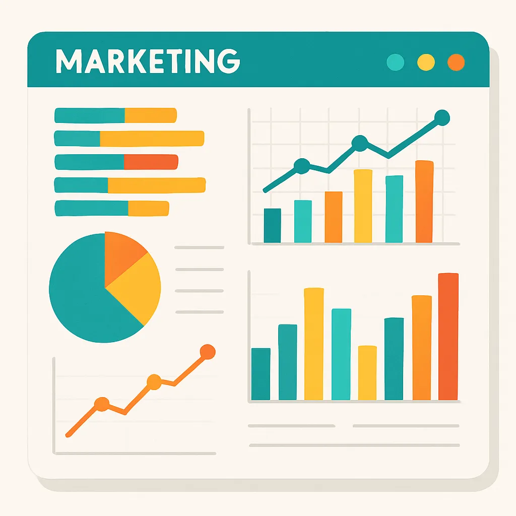 a flat design illustration of a marketing analytics dashboard, showing a pie chart, bar graphs, stacked bar charts, and line graphs in a palette of teal, orange, and yellow