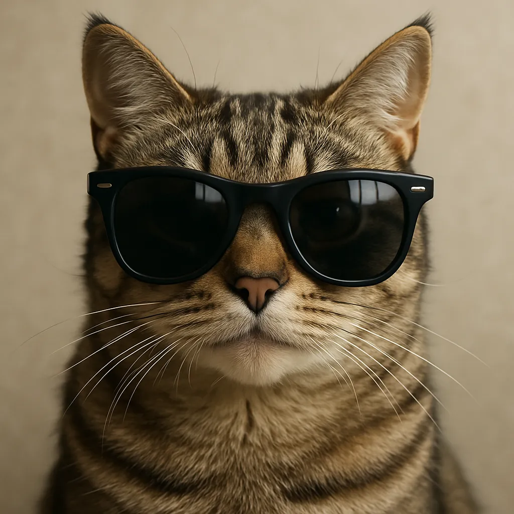 a close-up portrait of a brown tabby cat with long white whiskers, wearing a pair of classic black sunglasses and looking directly at the camera with a serious expression