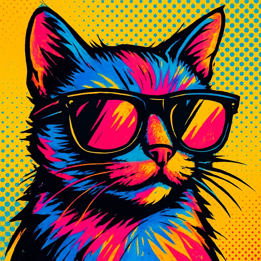 a vibrant pop art illustration of a cat wearing sunglasses, rendered in bold shades of pink, blue, and yellow against a yellow background with a blue halftone dot pattern