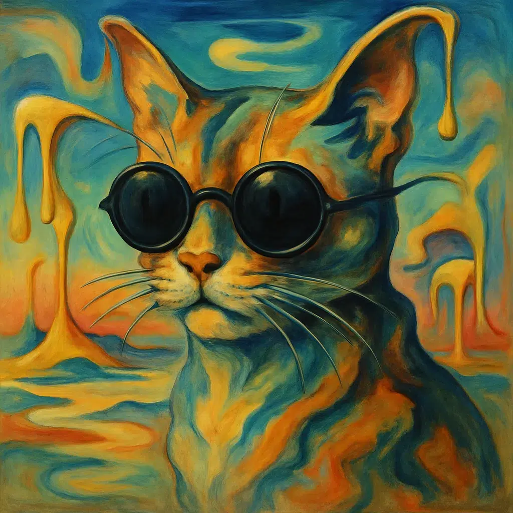 a surrealist oil painting of a cat wearing round black sunglasses, its fur a blend of blue and orange swirls, with a psychedelic, melting background in similar colors