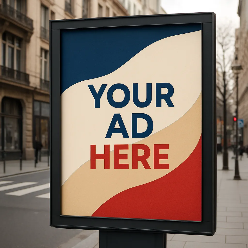 a vertical advertisement kiosk in a black frame on a city sidewalk, displaying a poster with red, white, and blue waves and the text your ad here in bold letters
