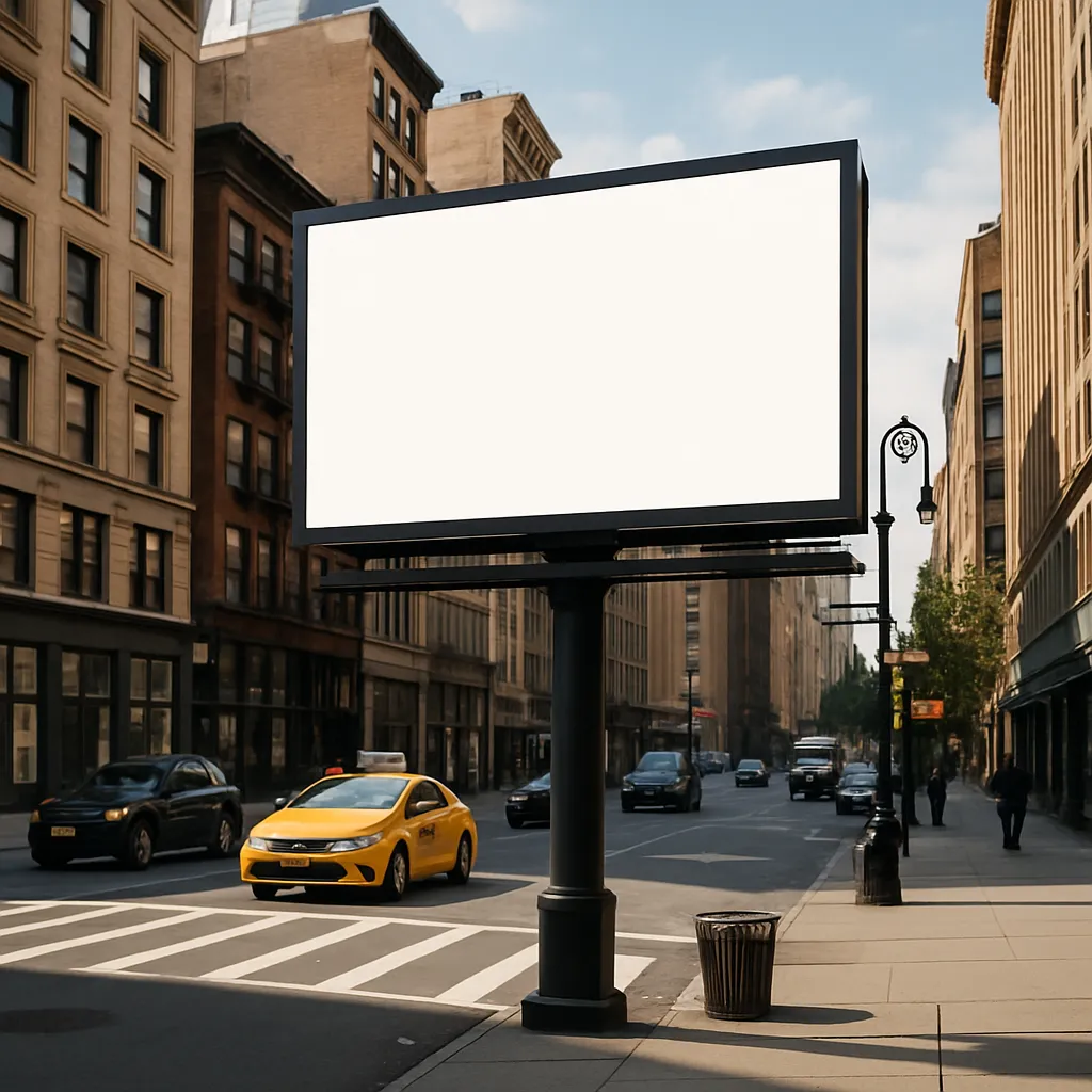 a large, blank white billboard mounted on a black pole on a busy city street, with a yellow taxi cab and other cars driving past tall brick buildings