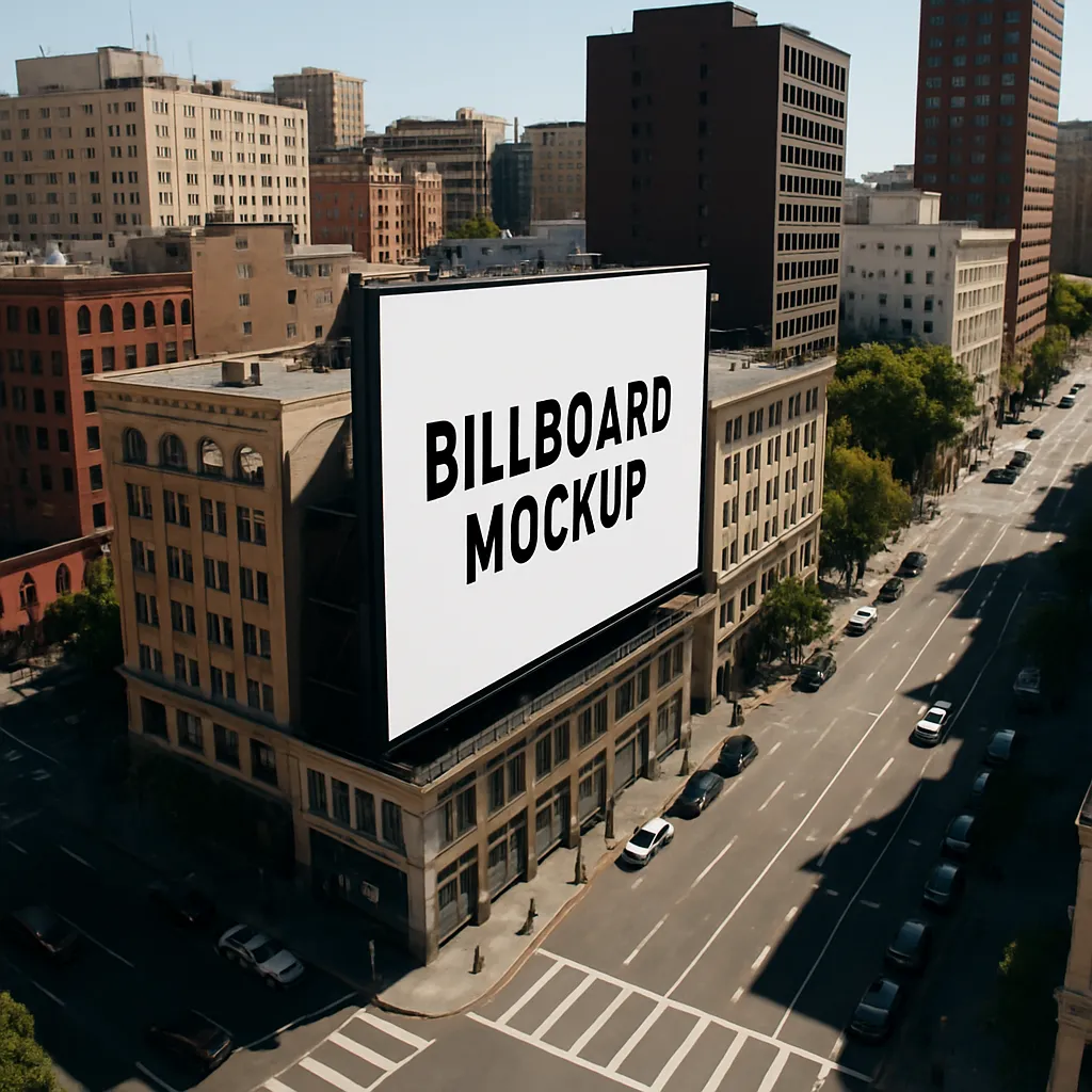 an aerial view of a large, blank billboard with the words billboard mockup, mounted on the roof of a multi-story building in a dense urban environment with cars on the street below