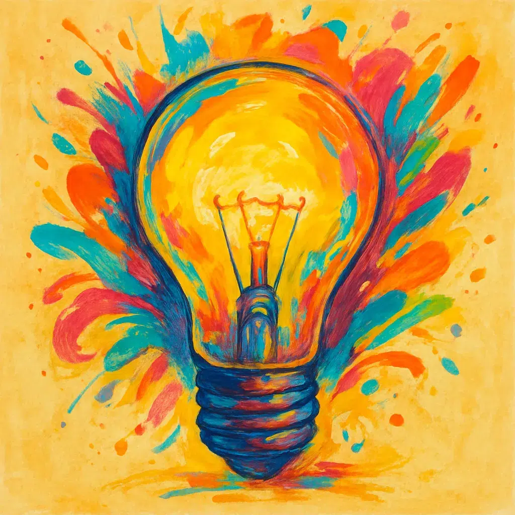 an expressive, abstract painting of a glowing yellow lightbulb, surrounded by vibrant splashes of orange, red, and turquoise paint on a yellow background