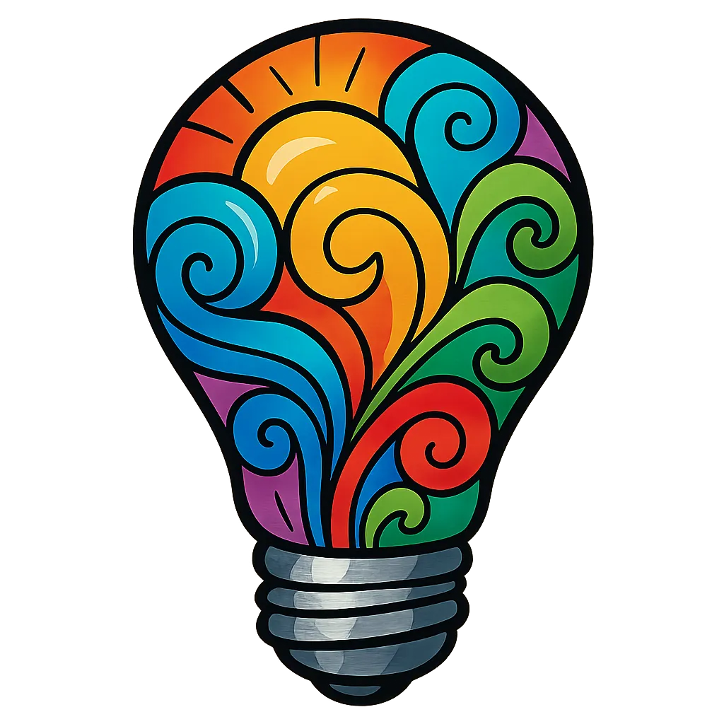 a stylized illustration of a lightbulb filled with colorful, swirling patterns in blue, green, orange, and red, resembling a stained glass window with a bright sun at the top