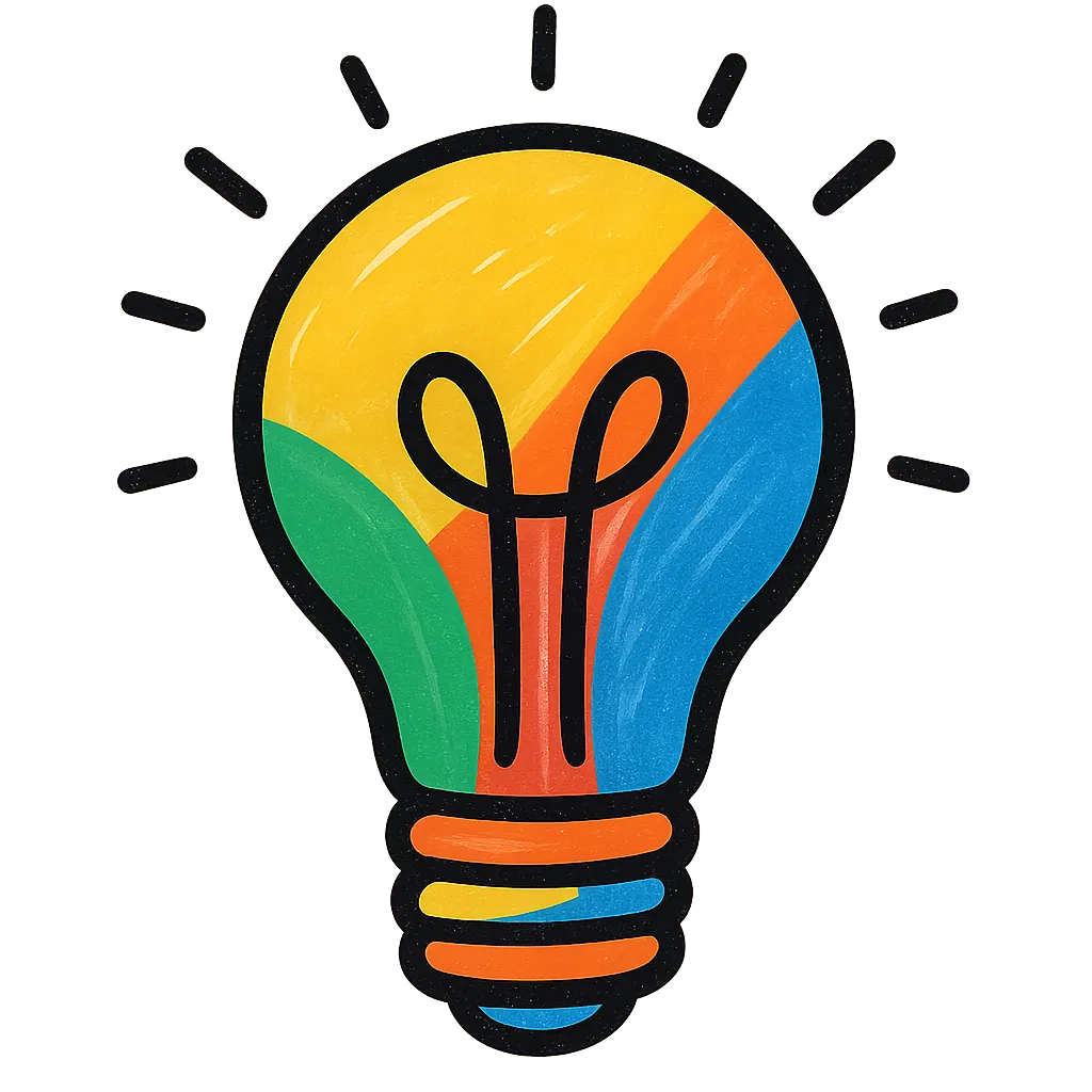 a simple, colorful illustration of a lightbulb with a crayon-like texture, filled with blocks of yellow, orange, green, and blue, with black lines radiating from it to suggest light