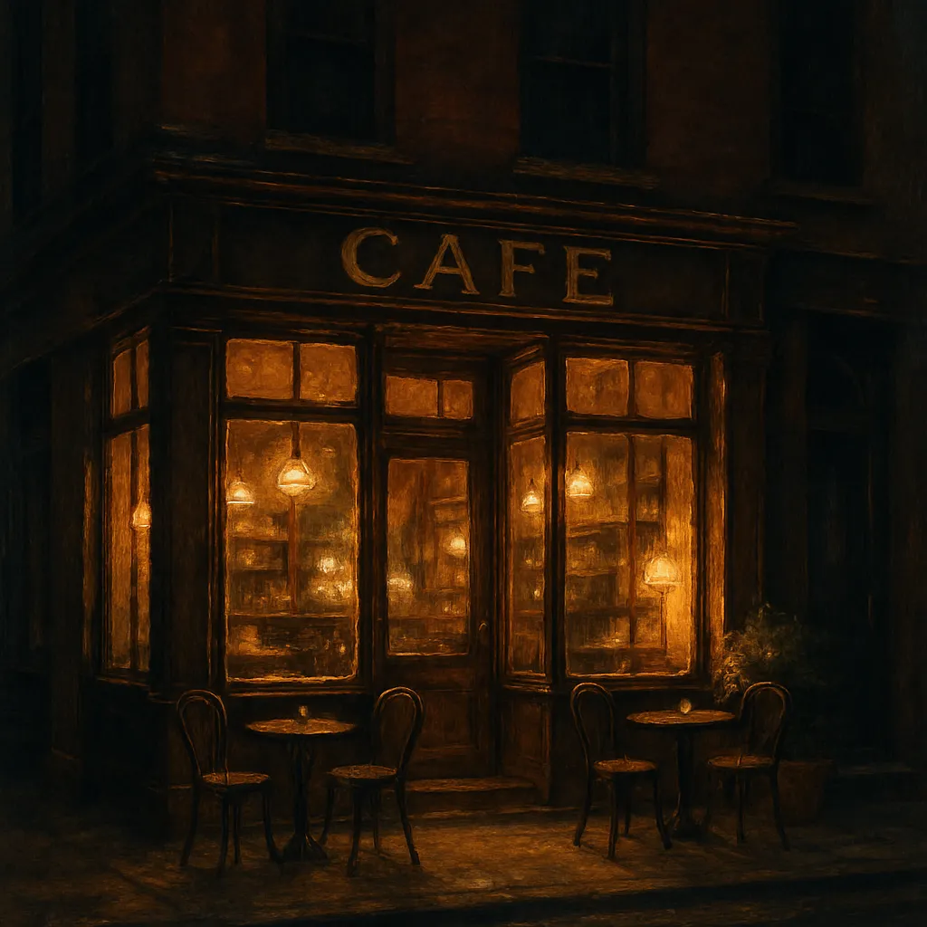 an impressionistic painting of a cozy cafe at night, with warm, golden light glowing from the windows and illuminating the empty tables and chairs on the sidewalk outside