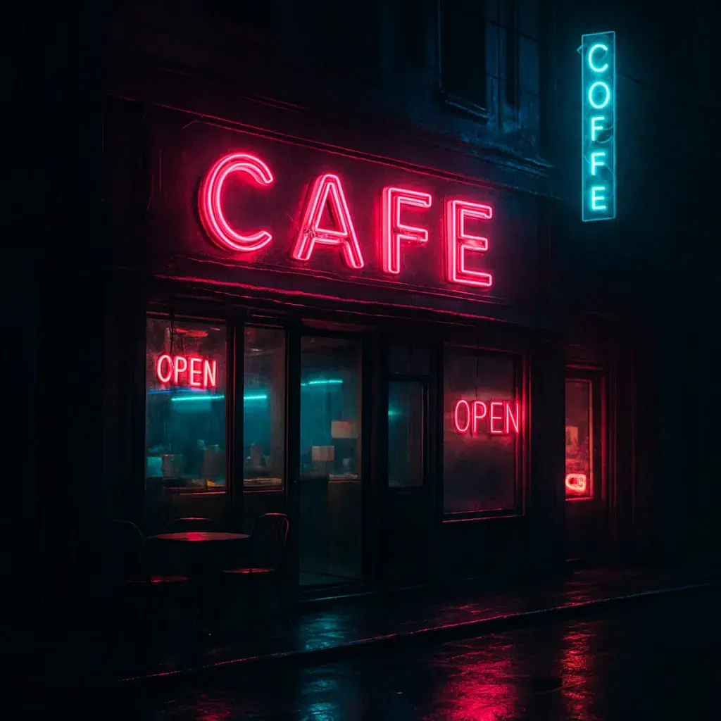 a photograph of a cafe at night with bright pink neon letters spelling cafe and open, and a vertical blue neon sign for coffee, reflecting on the wet pavement outside
