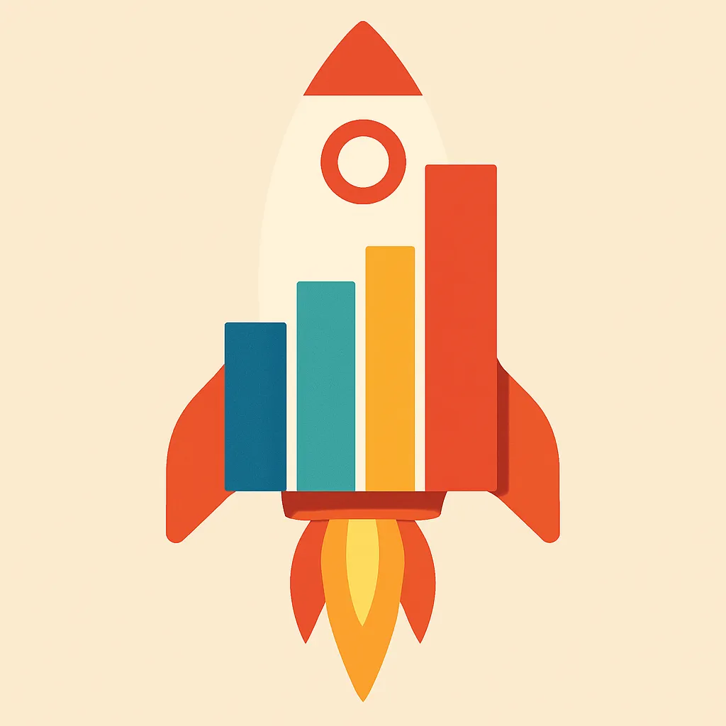 a flat design illustration of a rocket ship blasting off with a colorful bar chart integrated into its body, symbolizing growth and progress