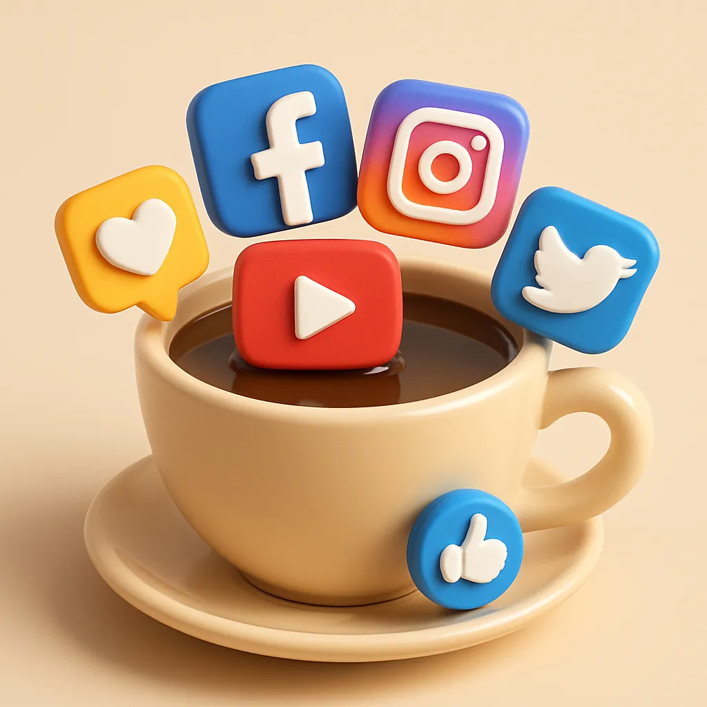 a 3d rendering of a beige coffee cup filled with coffee, with colorful social media app icons for facebook, instagram, youtube, and twitter floating on top like marshmallows